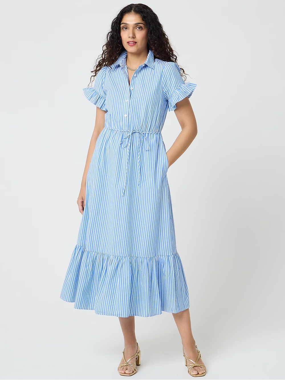 J.Crew Factory Striped Ruffle-Sleeve Shirt-Dress